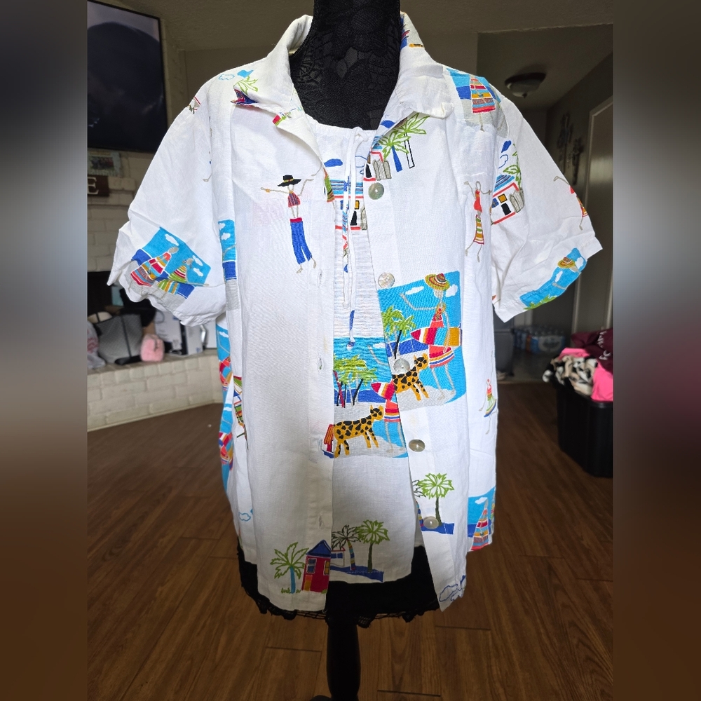 Hot Cotton White Multicolor Graphic Button-Down Shirt